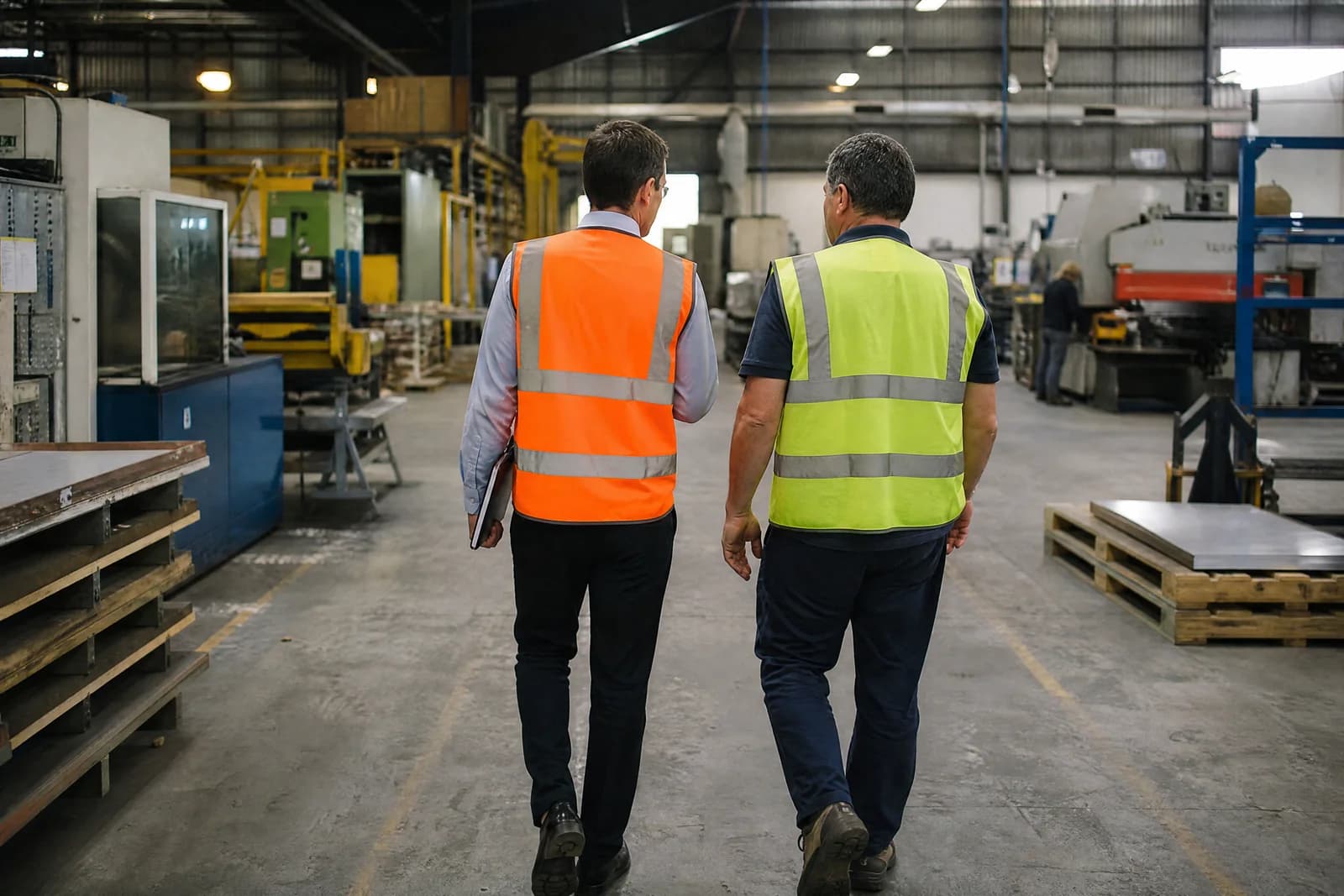 Broker walking a manufacturing client's factory floor during a site visit