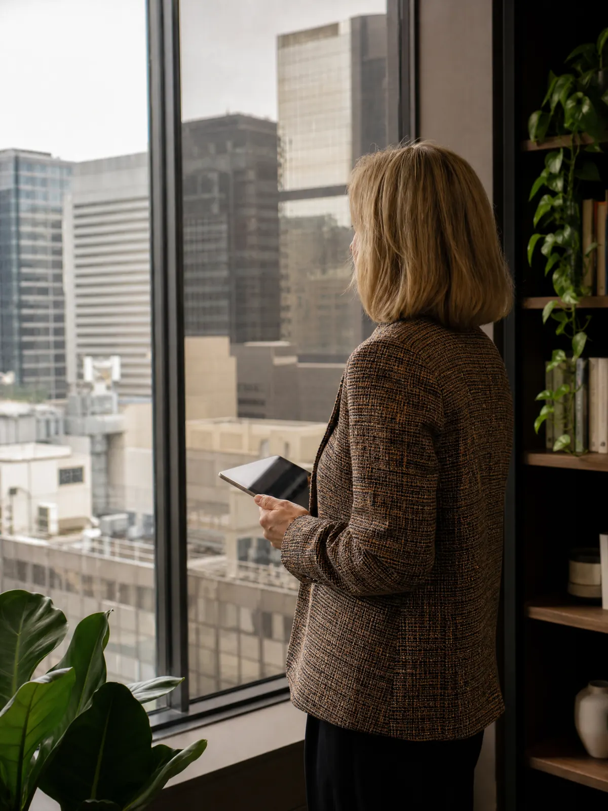 Business adviser holding a tablet at her office window above the city