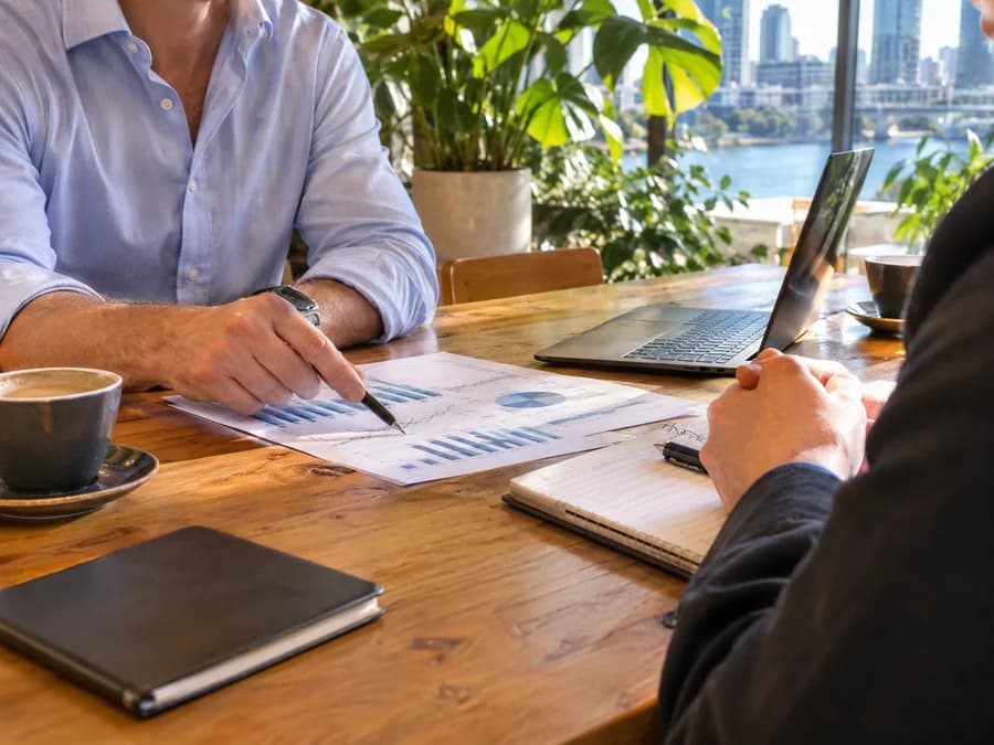 Broker walking a client through financial charts at a meeting table