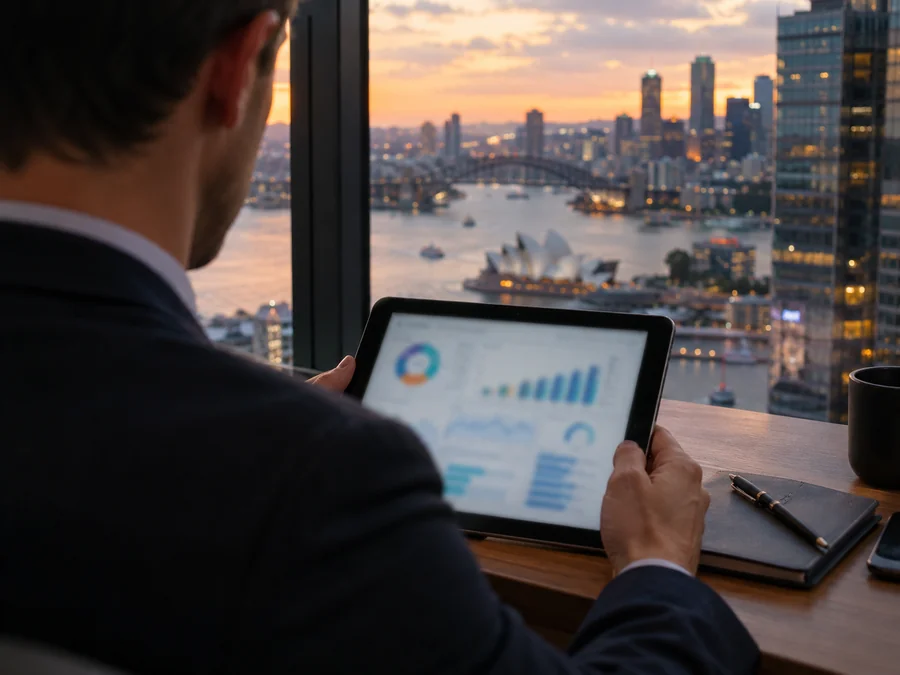 Investor reviewing a business dashboard on a tablet overlooking Sydney Harbour