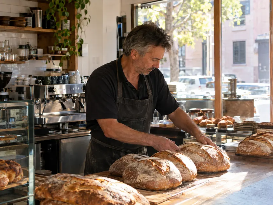 Bakery owner arranging fresh sourdough loaves on the counter of his cafe