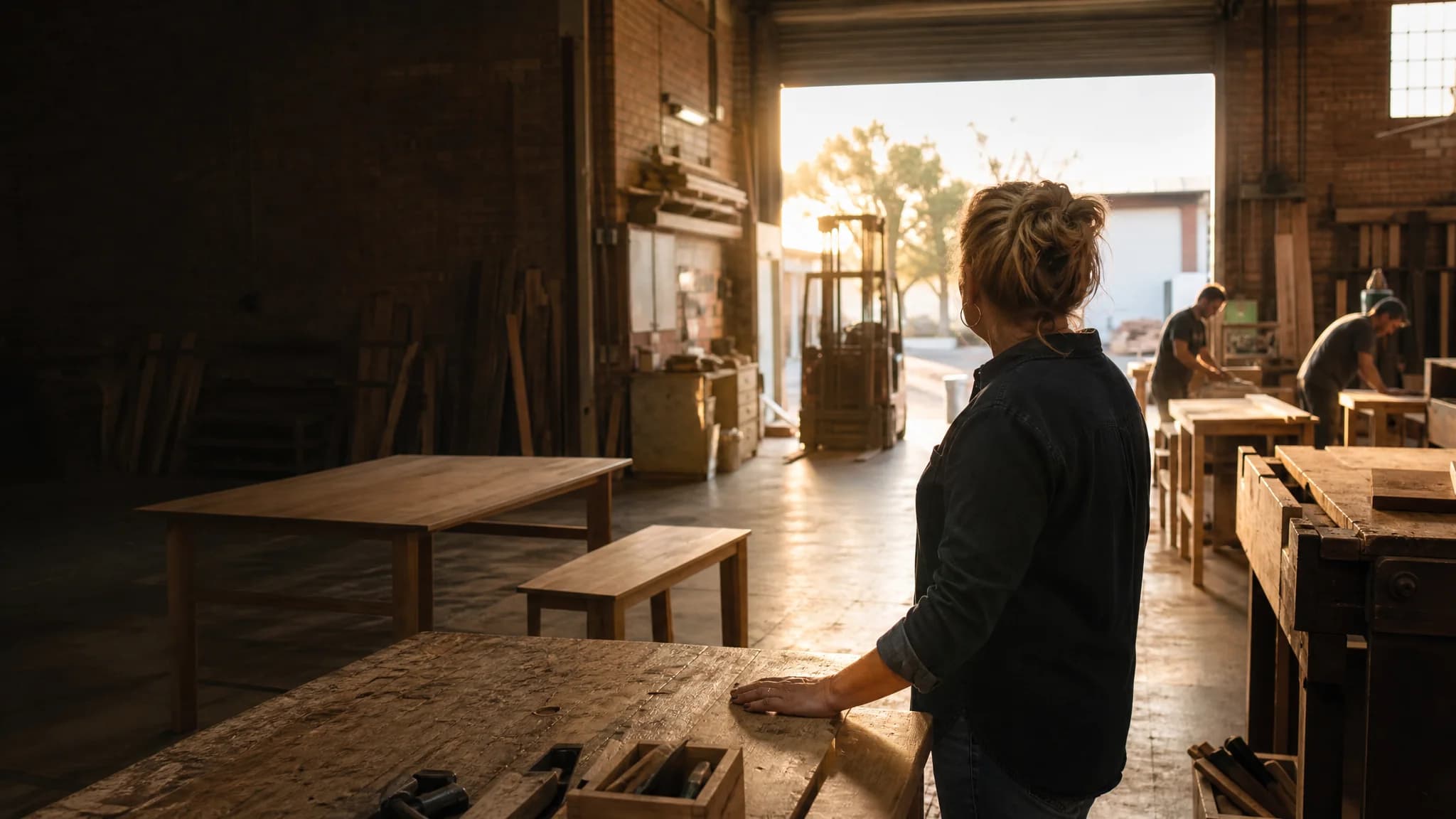 Owner of a timber furniture workshop looking out across her factory floor at golden hour