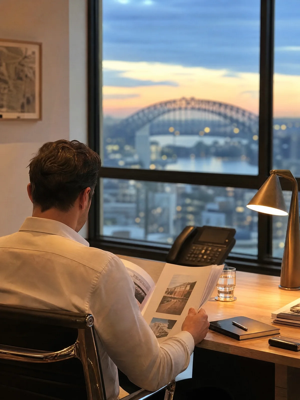 Investor reading an information memorandum at a desk overlooking Sydney Harbour