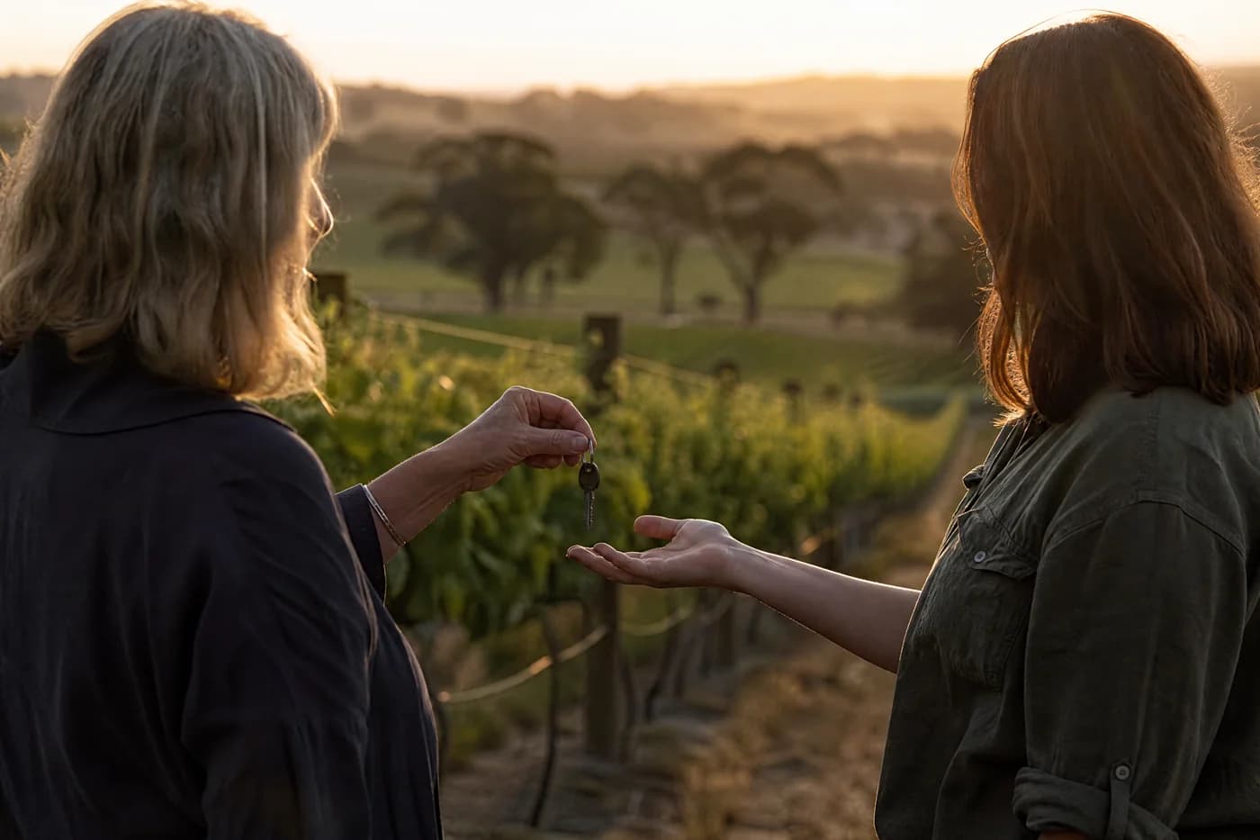 A retiring winery owner handing the keys to a new owner among vineyard rows at sunset